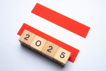 2025, Austria flag with date block, Concept, Important events for Austria the new year, election, economy, social activities, central bank, Austria foreign policyの写真素材