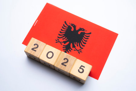 2025, Albania flag with date block, Concept, Important events for Albania the new year, election, economy, social activities, central bank, Albania foreign policyの写真素材