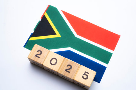 2025, South Africa, South Africa flag with date block, Concept, Important events for South Africa in...