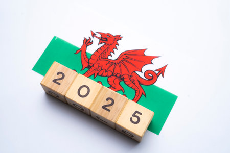 2025, Wales, Wales flag with date block, Concept, Important events for Wales in the new year, election, economy, social activities, central bank, Wales foreign policyの写真素材