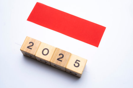 2025, Indonesia, Indonesia flag with date block, Concept, Important events for Indonesia in the new year, election, economy, social activities, central bank, Indonesia foreign policyの写真素材