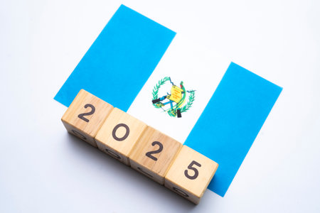 2025, Guatemala, Guatemala flag with date block, Concept, Important events for Guatemala in the new year, election, economy, social activities, central bank, Guatemala foreign policyの写真素材