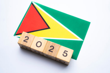 2025, Guyana, Guyana flag with date block, Concept, Important events for Guyana in the new year, election, economy, social activities, central bank, Guyana foreign policyの写真素材