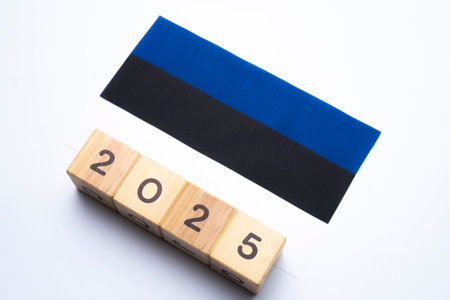 2025, Estonia, Estonia flag with date block, Concept, Important events for Estonia the new year, election, economy, social activities, central bank, Estonia foreign policyの写真素材