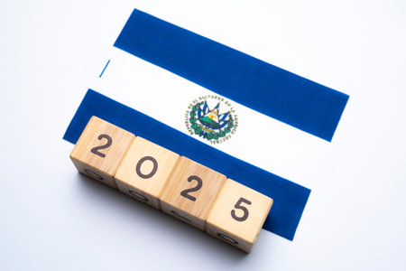 2025, El Salvador Flag with date block, Concept, Important events for El Salvador the new year, election, economy, social activities, central bank, El Salvador foreign policyの写真素材
