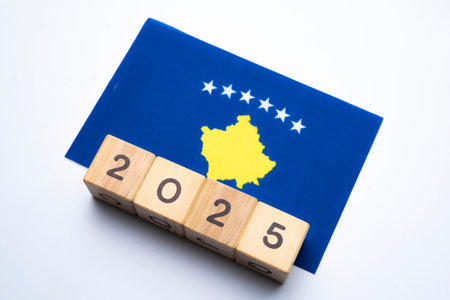 2025, Kosovo Flag with date block, Concept, Important events for Kosovo the new year, election, economy, social activities, central bank, Kosovo foreign policyの写真素材