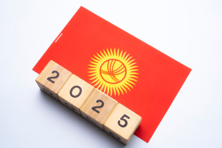 2025, Kyrgyzstan flag with date block, Concept, Important events for Kyrgyzstan the new year, election, economy, social activities, central bank, Kyrgyzstan foreign policyの写真素材