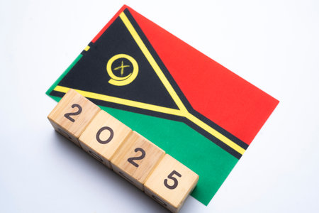 2025, Vanuatu flag with date block, Concept, Important events for Vanuatu the new year, election, economy, social activities, central bank, Vanuatu foreign policyの写真素材