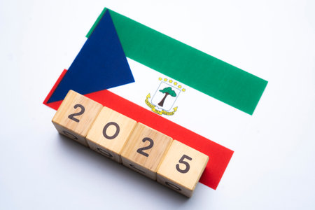 2025, Equatorial Guinea, Equatorial Guinea flag with date block, Concept, Important events for Equatorial Guineain the new year, election, economy, social activities, central bank, Equatorial Guinea foreign policyの写真素材