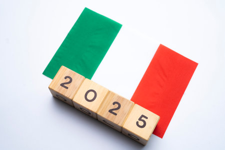2025, Italy flag with date block, Concept, Important events for Italy the new year, election, economy, social activities, central bank, Italy foreign policyの写真素材