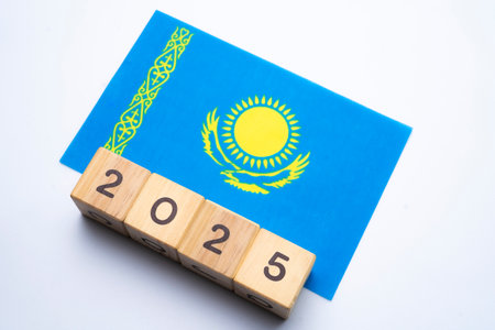 2025, Kazakhstan, Kazakhstan flag with date block, Concept, Important events for Kazakhstan the new year, election, economy, social activities, central bank, Kazakhstan foreign policyの写真素材