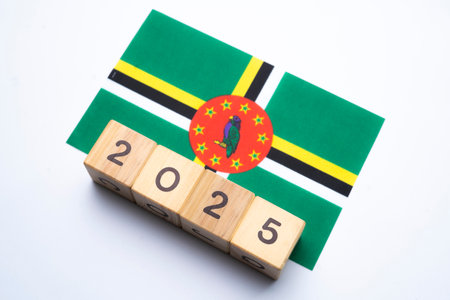 2025, Dominica Flag with date block, Concept, Important events for Dominica the new year, election, economy, social activities, central bank, Dominica foreign policyの写真素材