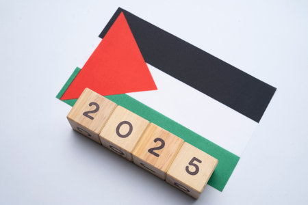2025, Palestine Flag with date block, Concept, Important events for Palestine the new year, election, economy, social activities, central bank, Palestine foreign policyの写真素材