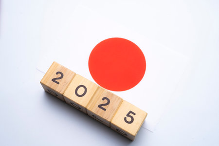 2025, Japan Flag with date block, Concept, Important events for Japan the new year, election, economy, social activities, central bank, Japan foreign policyの写真素材