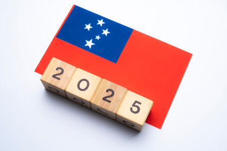 2025, Samoa Flag with date block, Concept, Important events for Samoa the new year, election, economy, social activities, central bank, Samoa foreign policyの写真素材