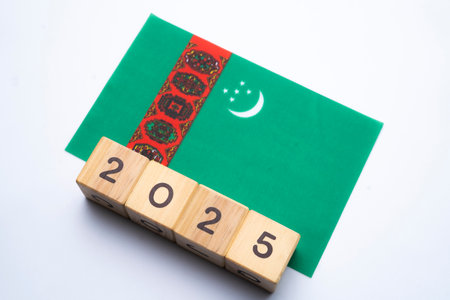 2025, Turkmenistan flag with date block, Concept, Important events for Turkmenistan the new year, election, economy, social activities, central bank, Turkmenistan foreign policyの写真素材