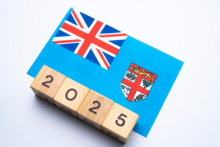 2025, Fiji flag with date block, Concept, Important events for Fiji the new year, election, economy, social activities, central bank, Fiji foreign policyの写真素材