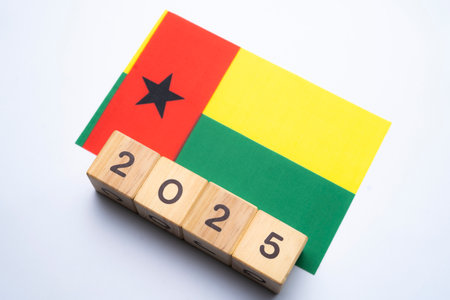 2025, Guinea Bissau flag with date block, Concept, Important events for Guinea Bissau City the new year, election, economy, social activities, central bank, Guinea Bissau foreign policyの写真素材