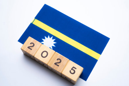 2025, Nauru flag with date block, Concept, Important events for Nauru the new year, election, economy, social activities, central bank, Nauru foreign policyの写真素材