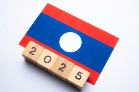 2025, Laos flag with date block, Concept, Important events for Laos the new year, election, economy, social activities, central bank, Laos foreign policyの写真素材