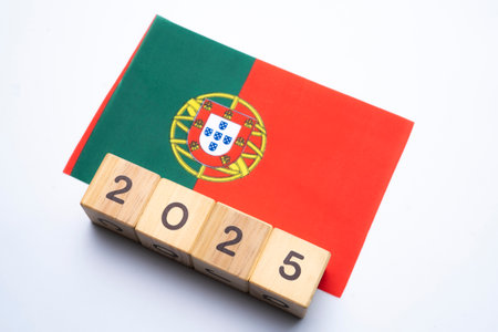 2025, Portugal flag with date block, Concept, Important events for Portugal the new year, election, economy, social activities, central bank, Portugal foreign policyの写真素材