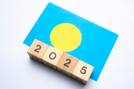 2025, Palau Flag with date block, Concept, Important events for Palau the new year, election, economy, social activities, central bank, Palau foreign policyの写真素材