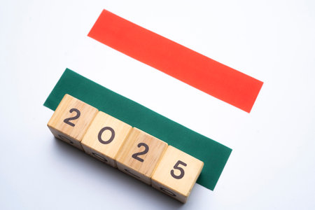 2025, Hungary flag with date block, Concept, Important events for Hungary the new year, election, economy, social activities, central bank, Hungary foreign policyの写真素材
