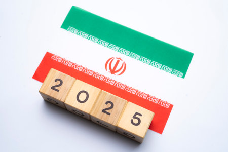 2025, Iran, Iran flag with date block, Concept, Important events for Iran the new year, election, economy, social activities, central bank, Iran foreign policyの写真素材