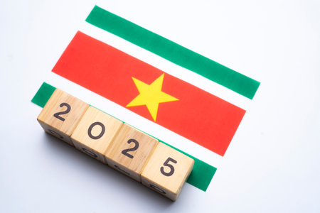 2025, Suriname flag with date block, Concept, Important events for Suriname the new year, election, economy, social activities, central bank, Suriname foreign policyの写真素材