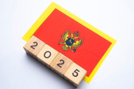 2025, Montenegro, Montenegro flag with date block, Concept, Important events for Montenegro the new year, election, economy, social activities, central bank, Montenegro foreign policyの写真素材