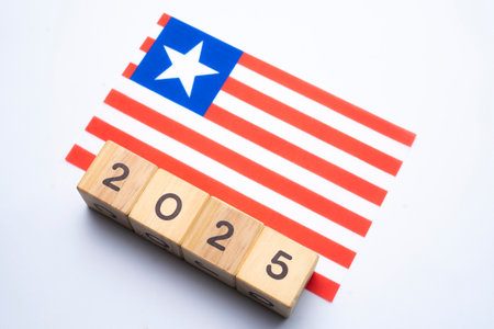 2025, Liberia, Liberia flag with date block, Concept, Important events for Liberia the new year, election, economy, social activities, central bank, Liberia foreign policyの写真素材