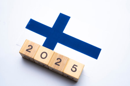 2025, Finland, Finland flag with date block, Concept, Important events for Finland the new year, election, economy, social activities, central bank, Finland foreign policyの写真素材