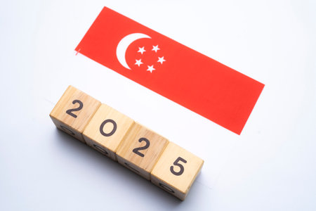 2025, Singapore flag with date block, Concept, Important events for Singapore the new year, election, economy, social activities, central bank, Singapore foreign policyの写真素材