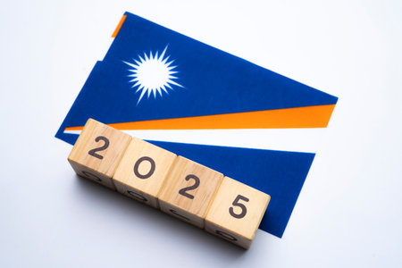 2025, Marshall Islands flag with date block, Concept, Important events for Marshall Islands the new year, election, economy, social activities, central bank, Marshall Islands foreign policyの写真素材