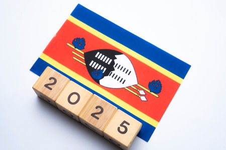 2025, Eswatini flag with date block, Concept, Important events for Eswatini the new year, election, economy, social activities, central bank, Eswatini foreign policyの写真素材