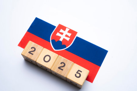 2025, Slovakia flag with date block, Concept, Important events for Slovakia the new year, election, economy, social activities, central bank, Slovakia foreign policyの写真素材