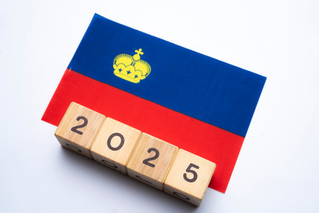 2025, Liechtenstein, Liechtenstein flag with date block, Concept, Important events for Liechtenstein the new year, election, economy, social activities, central bank, Liechtenstein foreign policyの写真素材