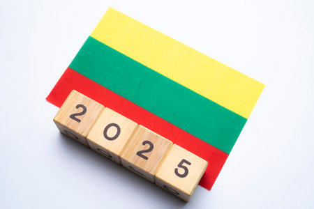 2025, Lithuania, Lithuania flag with date block, Concept, Important events for Lithuania the new year, election, economy, social activities, central bank, Lithuania foreign policyの写真素材