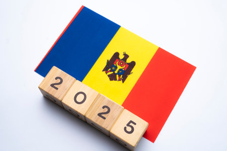 2025, Moldova, Moldova flag with date block, Concept, Important events for Moldova the new year, election, economy, social activities, central bank, Moldova foreign policyの写真素材