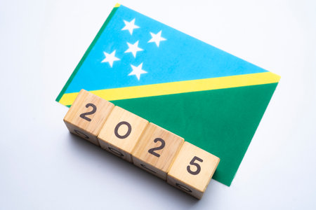 2025, Solomon Islands flag with date block, Concept, Important events for Solomon Islands the new year, election, economy, social activities, central bank, Solomon Islands foreign policyの写真素材