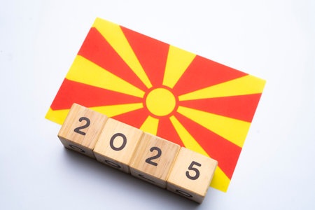 2025, North Macedonia, North Macedonia flag with date block, Concept, Important events for North Macedonia the new year, election, economy, social activities, central bank, North Macedonia foreign policyの写真素材