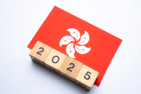 2025, Hong Kong Flag with date block, Concept, Important events for Hong Kong the new year, election, economy, social activities, central bank, Hong Kong foreign policyの写真素材
