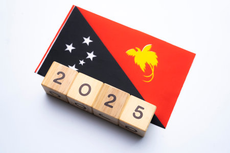 2025, Papua New Guinea, Papua New Guinea flag with date block, Concept, Important events for Papua New Guinea in the new year, election, economy, social activities, central bank, Papua New Guinea foreign policyの写真素材
