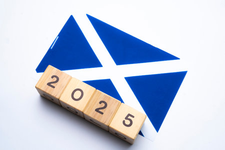 2025, Scotland flag with date block, Concept, Important events for Scotland the new year, election, economy, social activities, central bank, Scotland foreign policyの写真素材