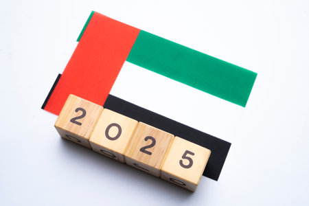 2025, United Arab Emirates flag with date block, Concept, Important events for United Arab Emirates the new year, election, economy, social activities, central bank, United Arab Emirates foreign policyの写真素材