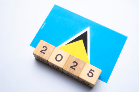 2025, Saint Lucia Flag with date block, Concept, Important events for Saint Lucia the new year, election, economy, social activities, central bank, Saint Lucia foreign policyの写真素材