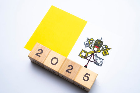 2025, Vatican City flag with date block, Concept, Important events for Vatican City the new year, election, economy, social activities, central bank, Vatican City foreign policyの写真素材