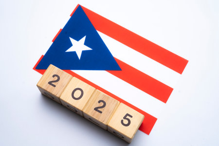2025, Puerto Rico flag with date block, Concept, Important events for Puerto Rico the new year, election, economy, social activities, central bank, Puerto Rico foreign policyの写真素材