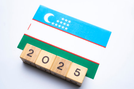 2025, Uzbekistan, Uzbekistan flag with date block, Concept, Important events for Uzbekistan in the new year, election, economy, social activities, central bank, Uzbekistan foreign policyの写真素材