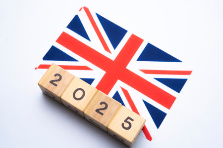 2025, Union Jack with date block, Concept, Important events for Union Jack the new year, election, economy, social activities, central bank, Union Jack foreign policyの写真素材